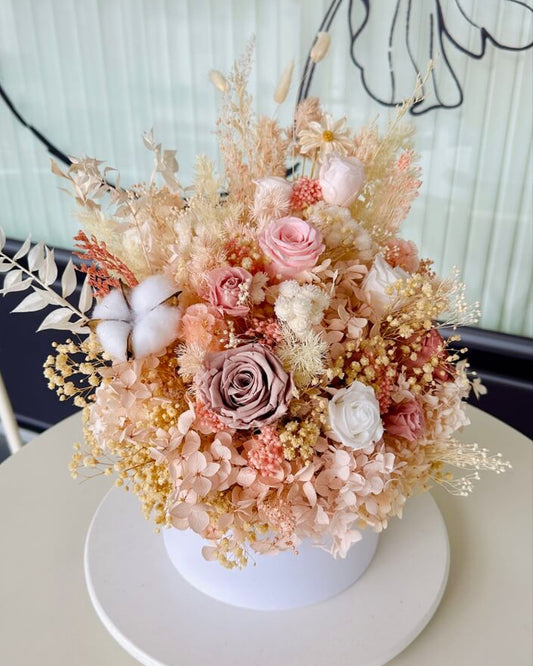 Luxurious large bloom box featuring a custom arrangement of preserved and dried flowers in a chosen color theme.