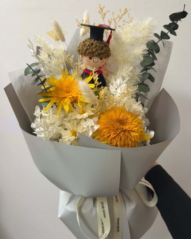 Preserved sunflower bouquet with hand-knitted yarn doll gift