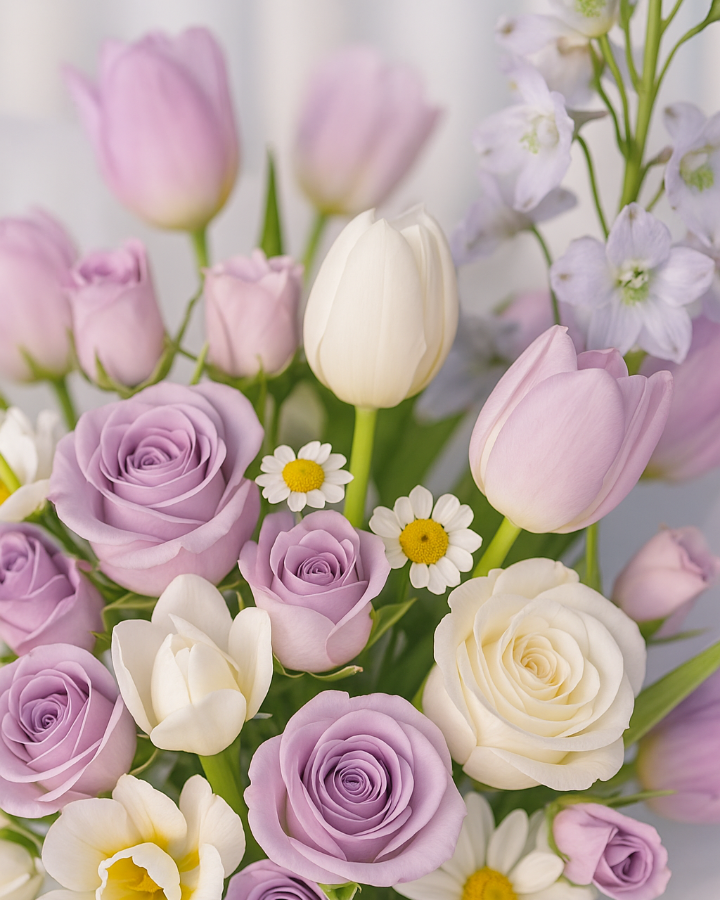 close up of the flowers in this gentle and beautiful bouquet