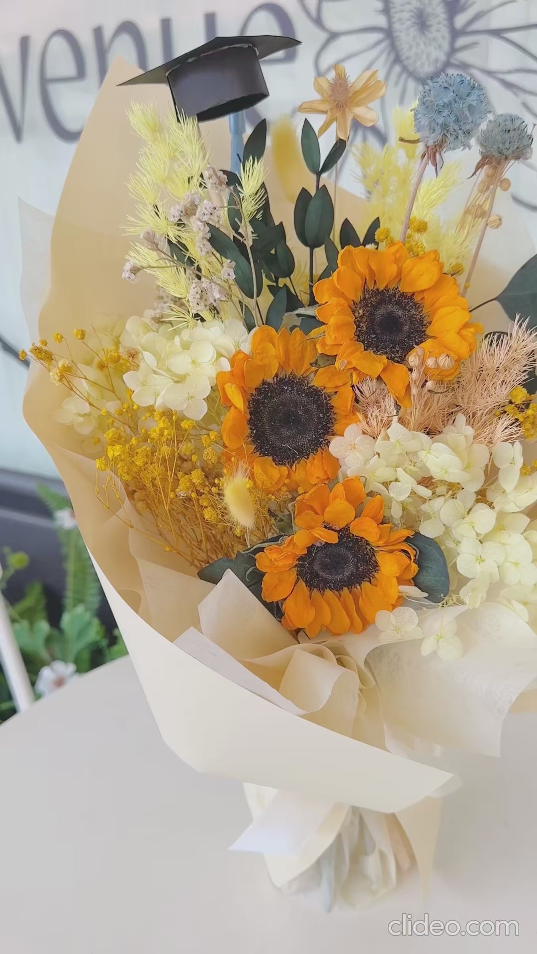 Close-up of vibrant preserved sunflowers, showcasing their natural beauty and unique centers.