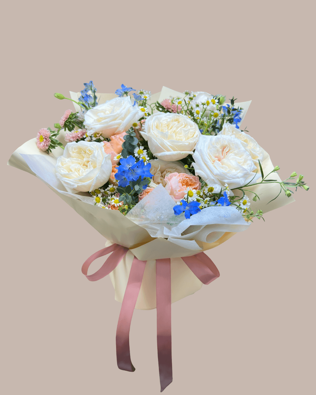 Omakase Bouquet of roses with white, pink, and blue colors 