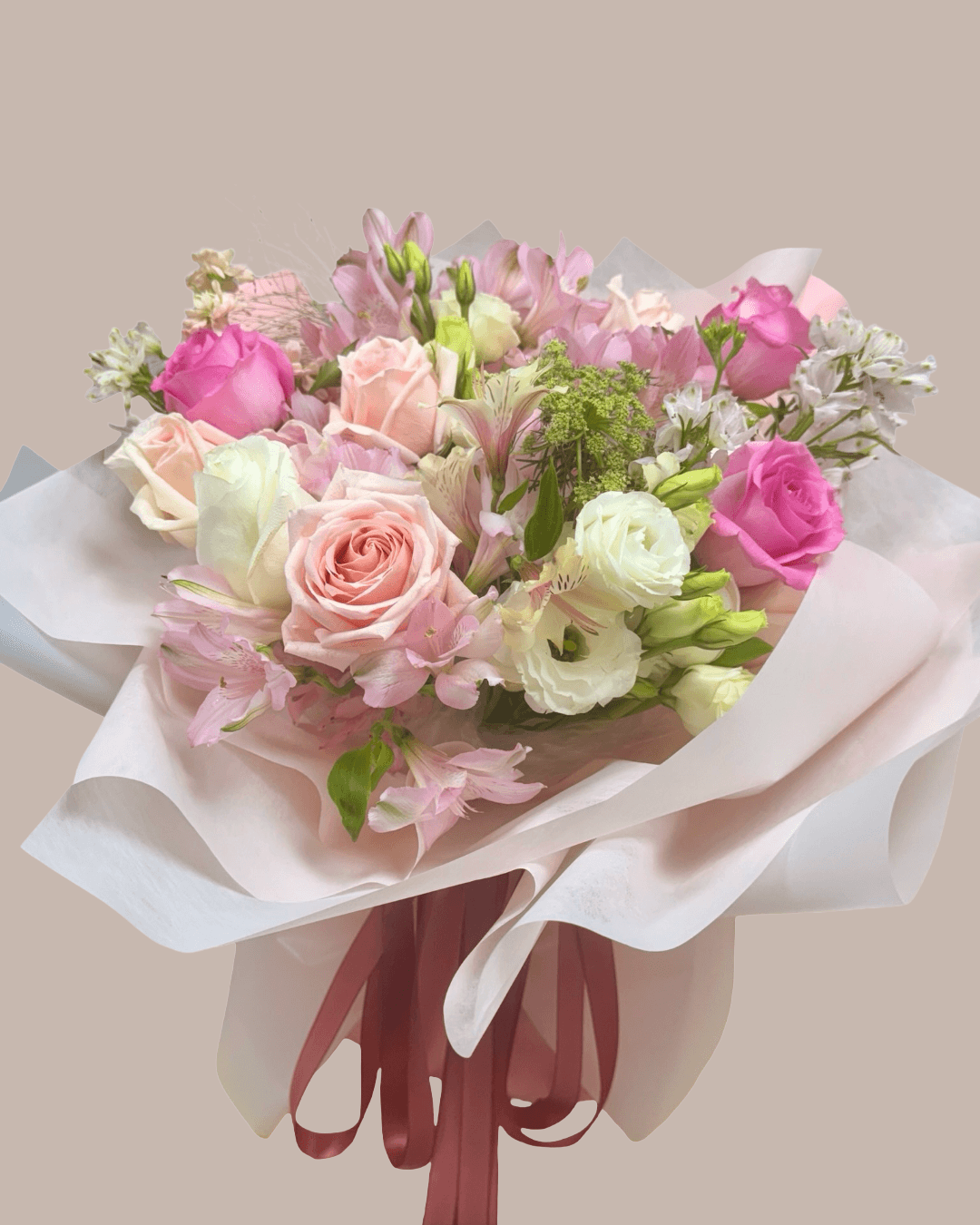 soft and light omakase rose bouquet. pinks and white flowers