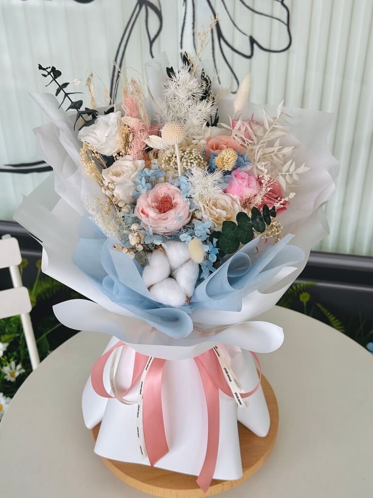 Blue and Pink Everlasting Flowers Bouquet