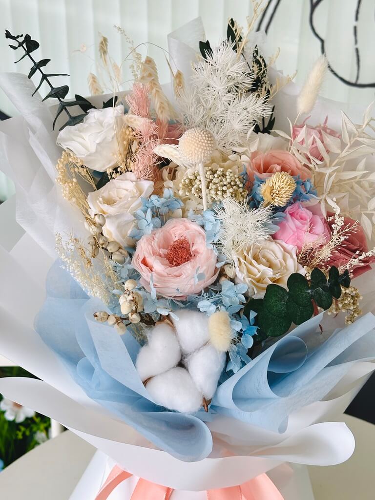 Blue and Pink Everlasting Flowers Bouquet