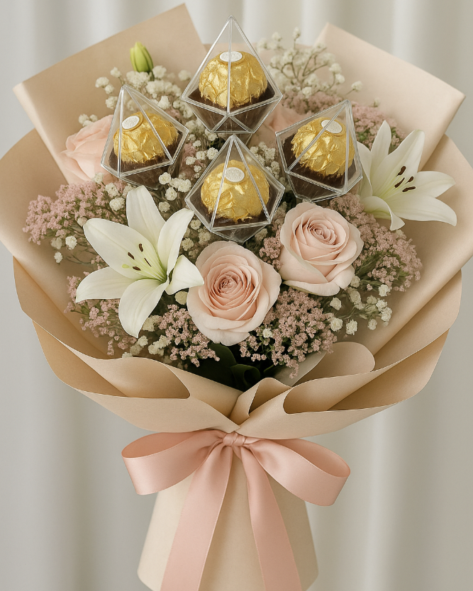 Beautiful soft bouquet with chocolates