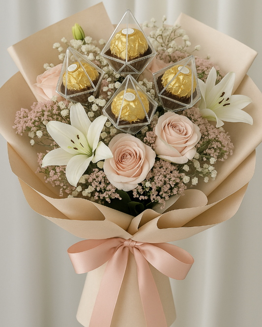Beautiful soft bouquet with chocolates