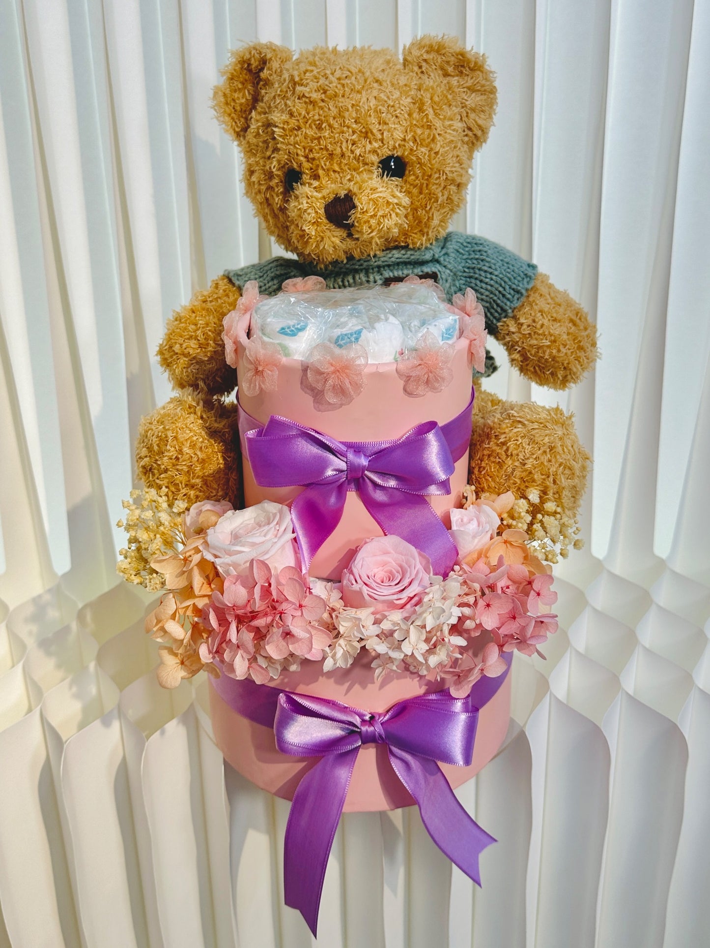 Beary Wishes Everlasting Flowers 2 Tier Diaper Cake