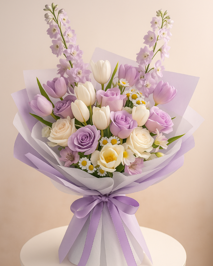 Elegant bouquet of white and lilac tulips and roses arranged in a luxurious, refined style
