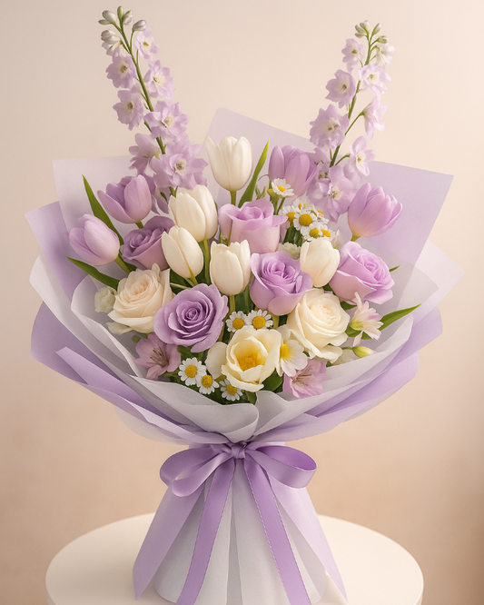 Elegant bouquet of white and lilac tulips and roses arranged in a luxurious, refined style