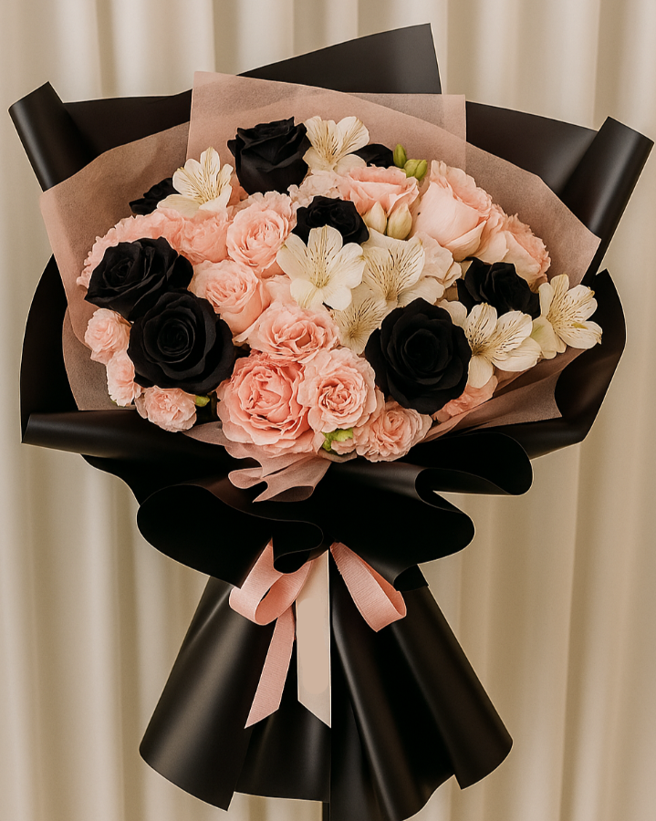 a beautiful black and light pink bouquet 