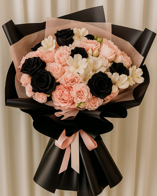 a beautiful black and light pink bouquet 