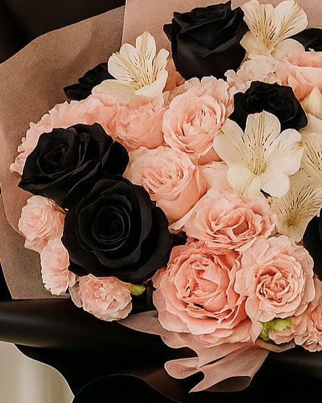 closeup of elegance and drama of this bouquet