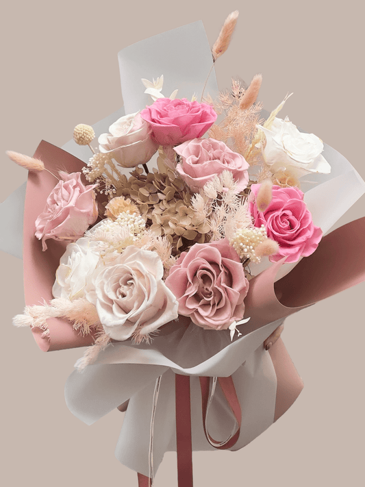 pink preserved omakase bouquet with hydrangea and roses