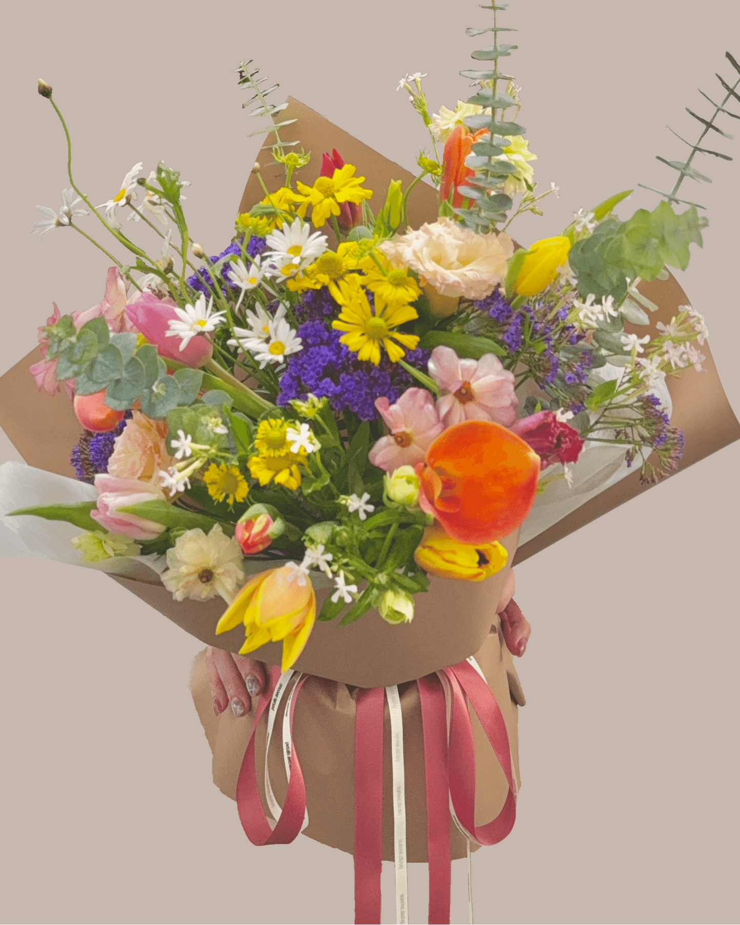 tulip bouquet with vibrant colours and ritzy filler flowers 