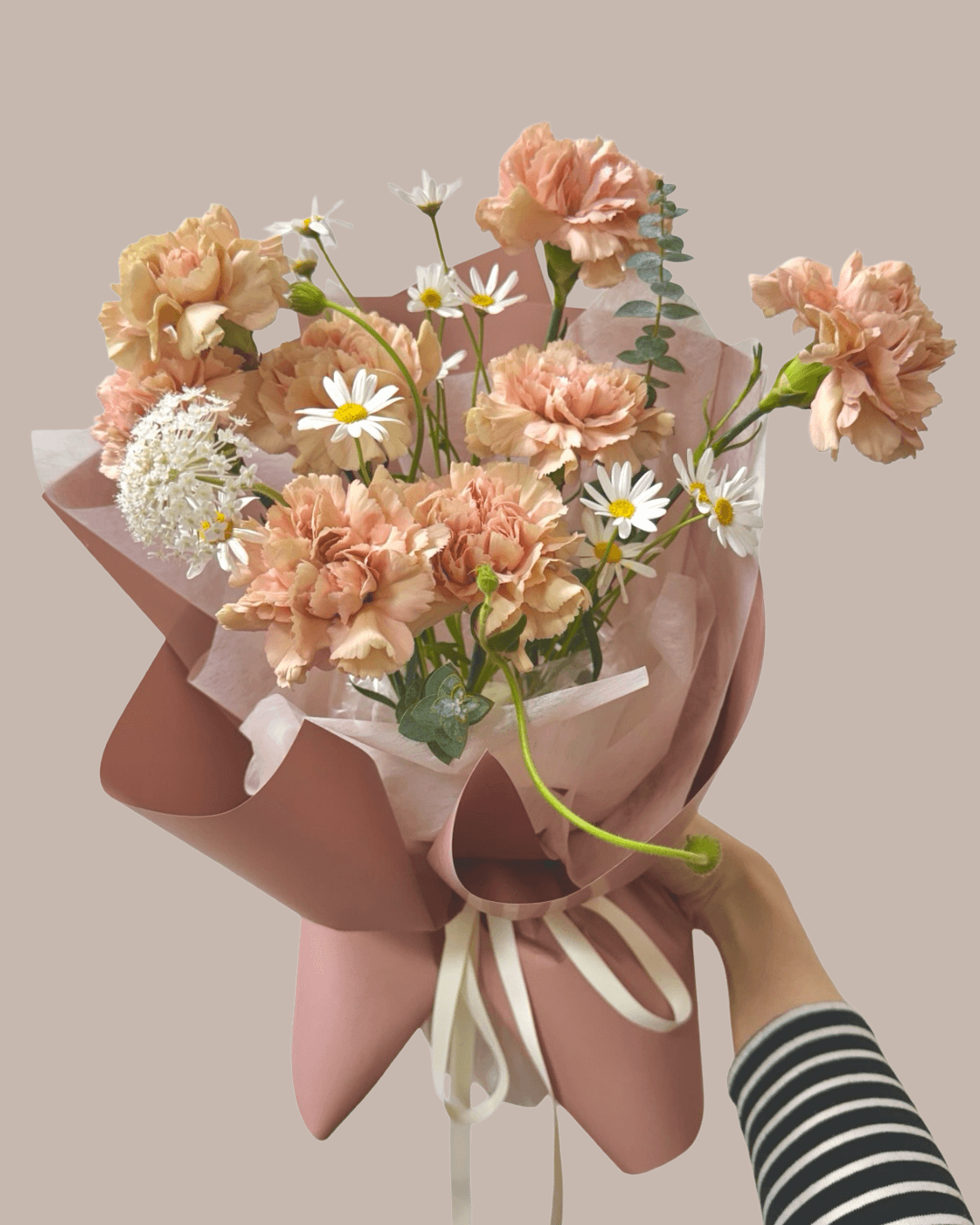 cappuccino carnation small bouquet with light filler flowers