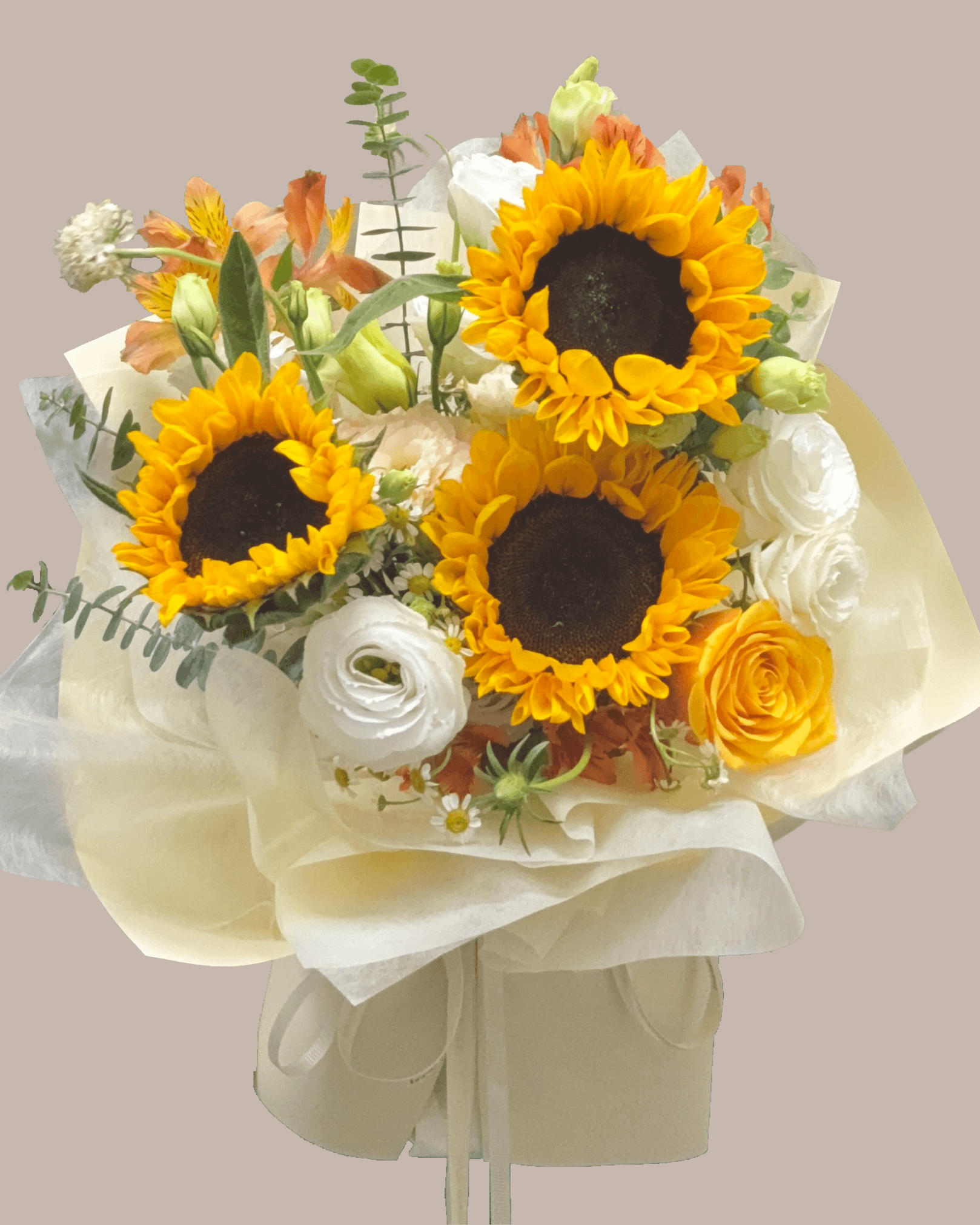 small omakase sunflower bouquet with chic filler flowers and leaves 